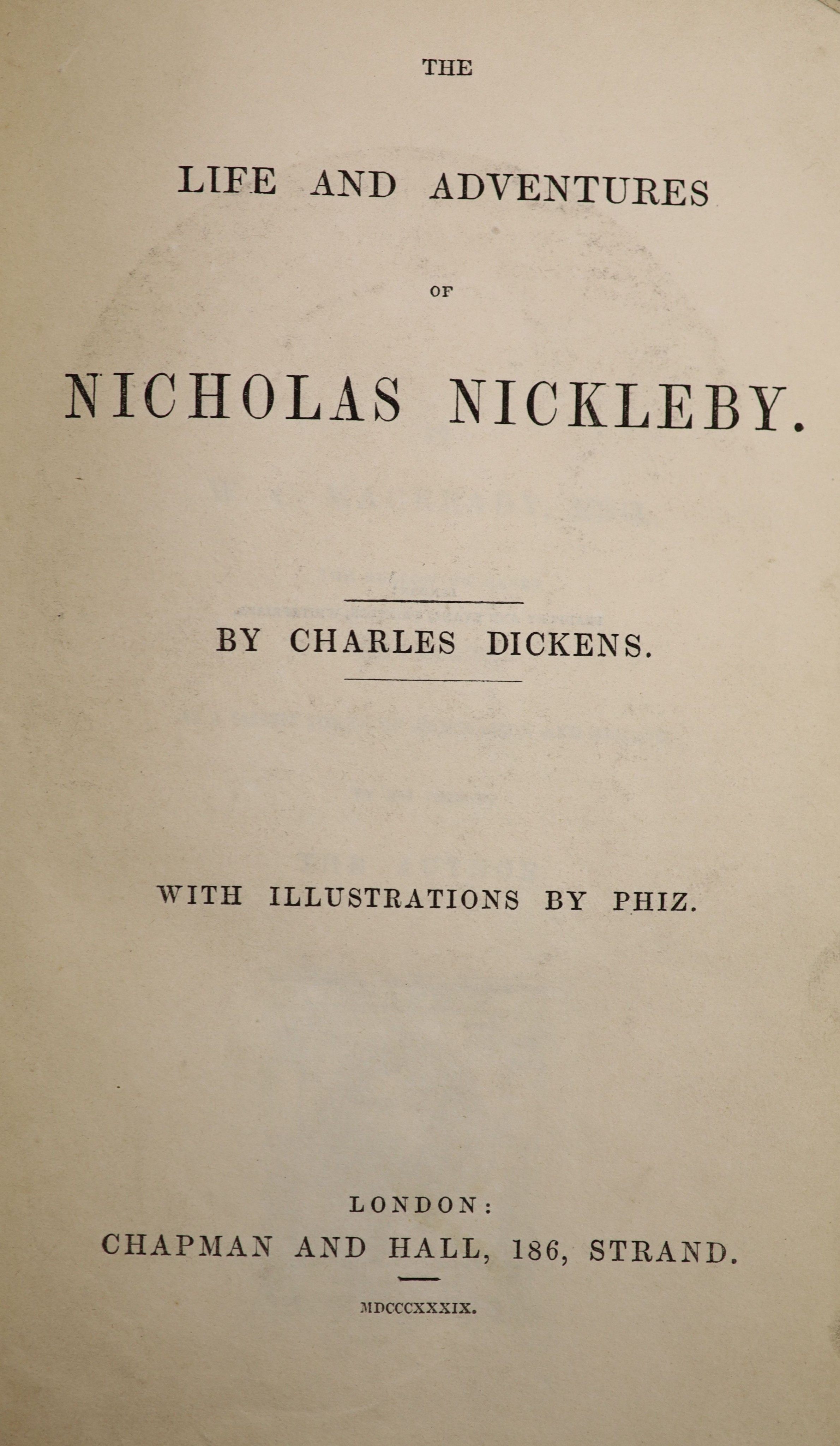 Dickens, Charles. Five Novels - first / early editions, viz, Bleak House, Dombey and Son, Nicholas Nickleby, Our Mutual Friend, Pickwick Papers, half leather bindings (Dombey binder's cloth), most plates present (but sta